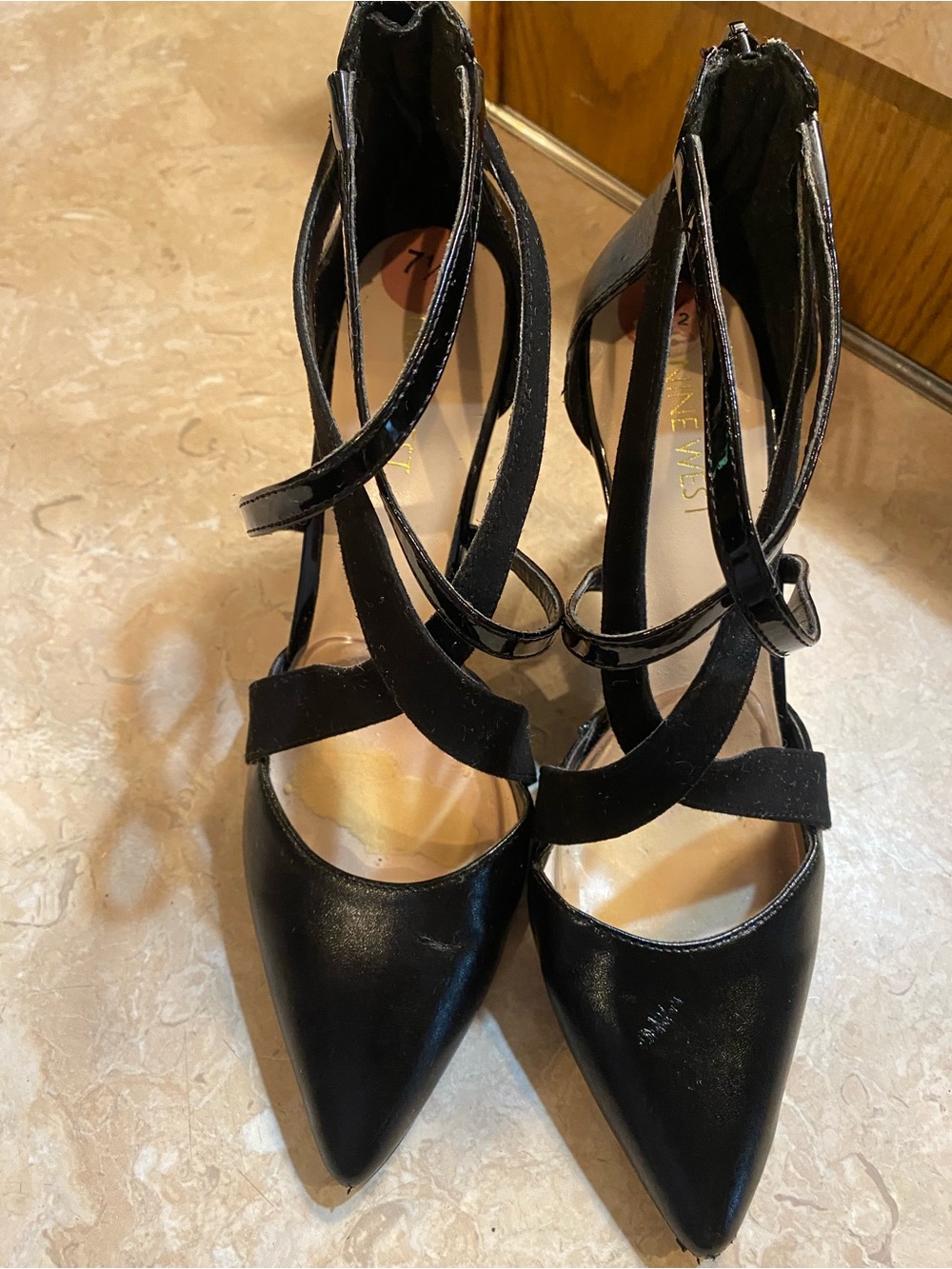 Nine West Black Patent Strappy Pointed-Toe Heels